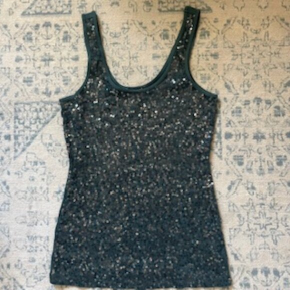 🧡 3/15 Express Sequin Tank Top Green Metallic Women's M - Picture 1 of 8